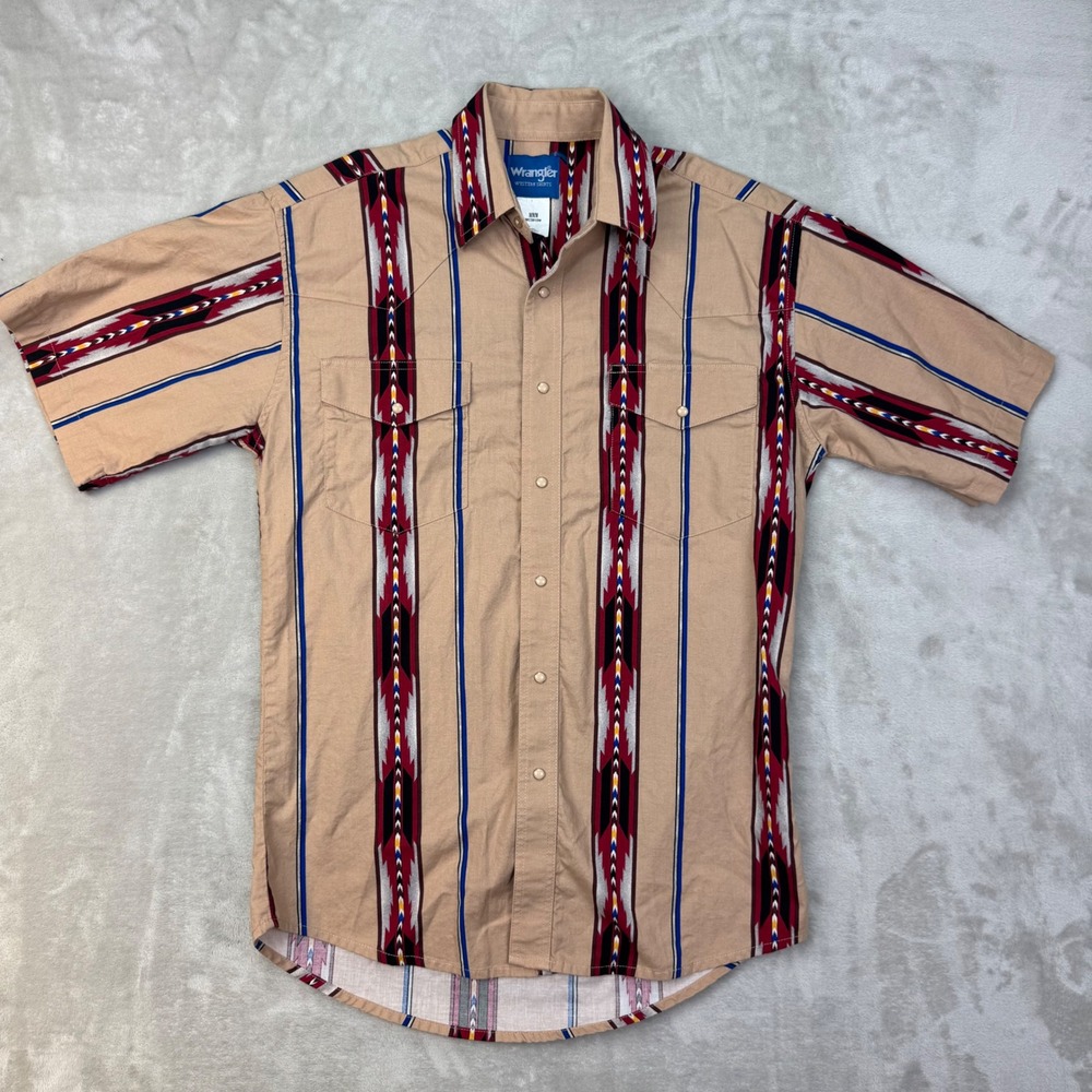 Vintage Wrangler Western Shirt Mens M Tan Aztec Tribal Pearl Snap Popper Shirt